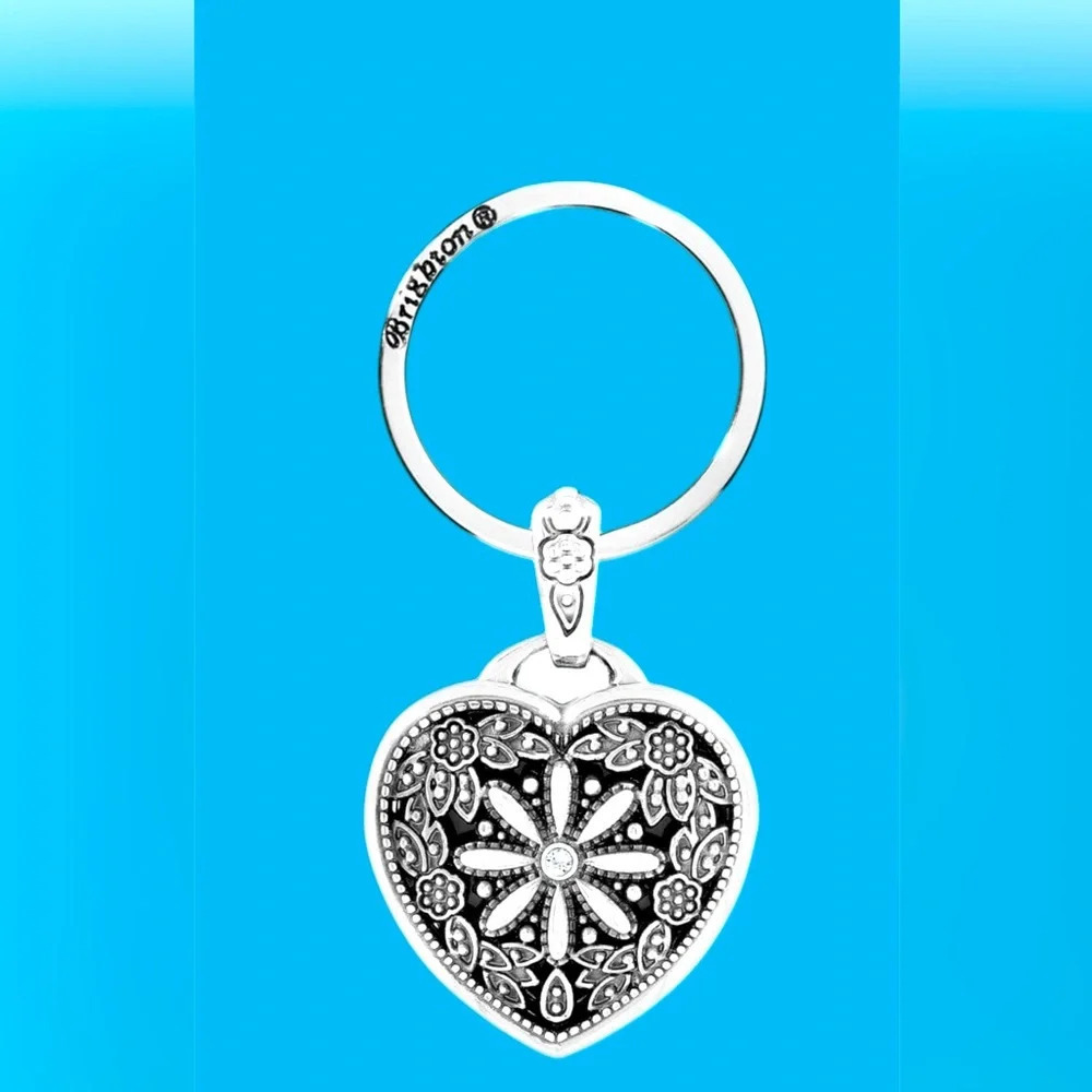 Brighton Heart Photo Locket Keychain Purse Fob Keyring Silver Plated Floral.